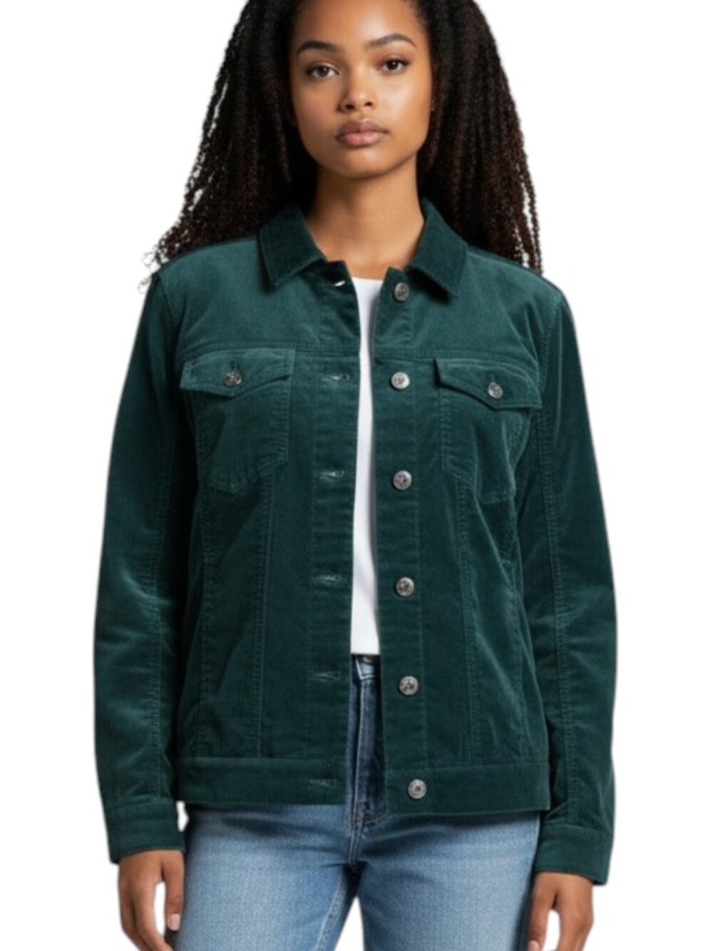 Denim & Co. Small Dark Pine Green Velveteen Jean Jacket Button Front Long-Sleeve